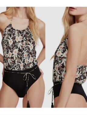 Free People Liza Halter bodysuit in black and ivory floral print XS